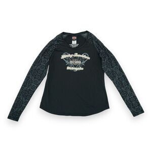 Harley Davidson Women's Black  Long‎ Mesh Sleeve T-Shirt Embroidered Size XL